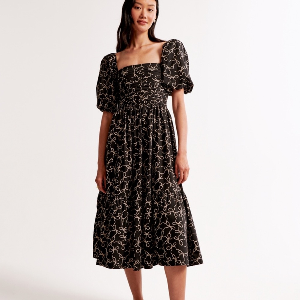 Abercrombie NWT Emerson Puff Sleeve Midi Dress in Polka Dot Print Sz Large Tall